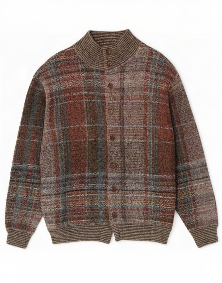Suéter cardigã masculino vintage IT 52 grande lã xadrez multicolorida