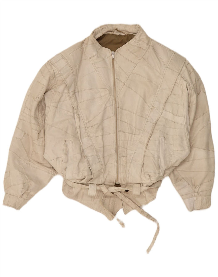 Jaqueta de couro bomber feminina VINTAGE Reino Unido 14 couro branco médio