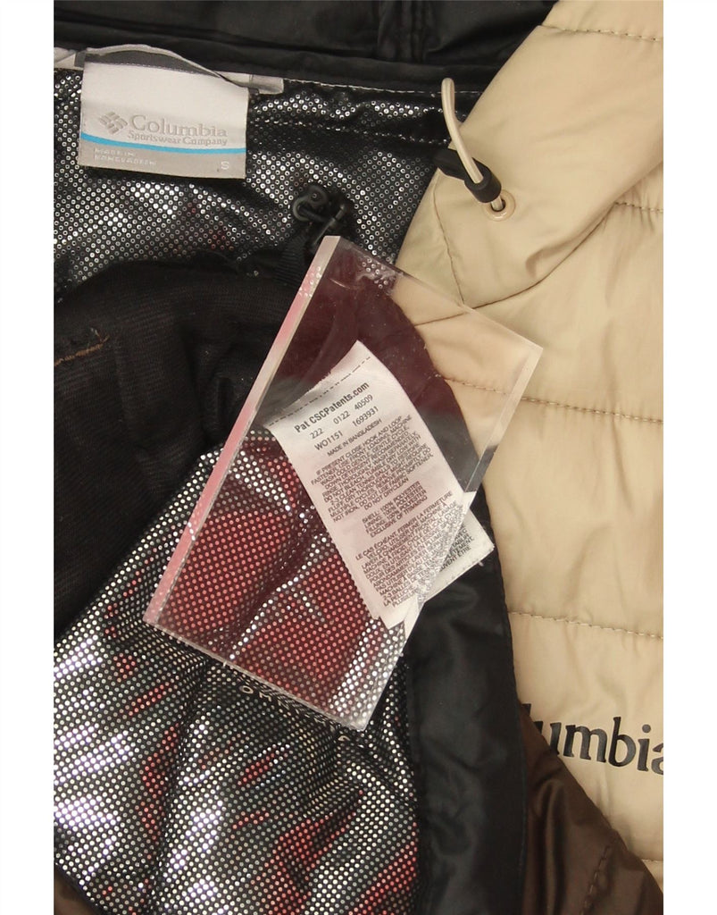 COLUMBIA Mens Hooded Padded Jacket UK 36 Small Brown Colourblock Polyester Vintage Columbia and Second-Hand Columbia from Messina Hembry 