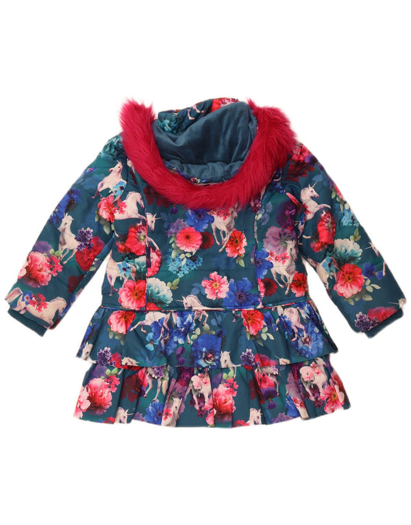 Monsoon Girls Hooded Padded Coat 7-8 Years Blue Floral Polyester