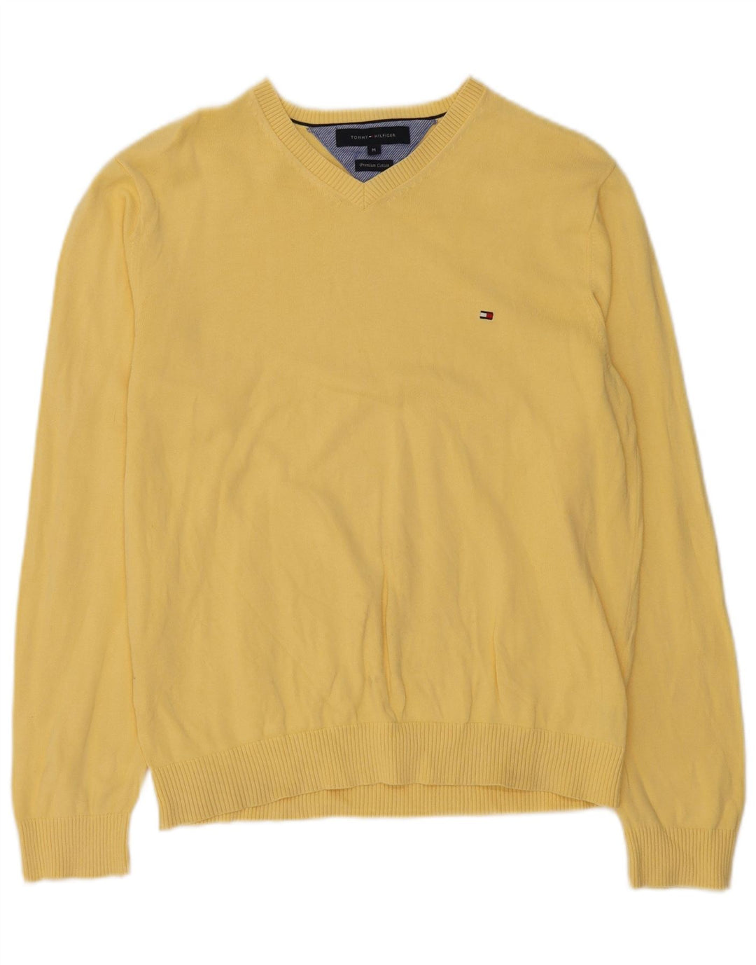 Suéter masculino Tommy Hilfiger com decote em V de algodão amarelo médio