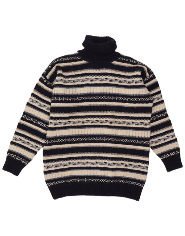 Suéter vintage masculino com gola redonda, lã listrada azul marinho médio
