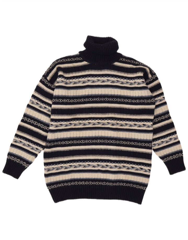 Suéter vintage masculino com gola redonda, lã listrada azul marinho médio