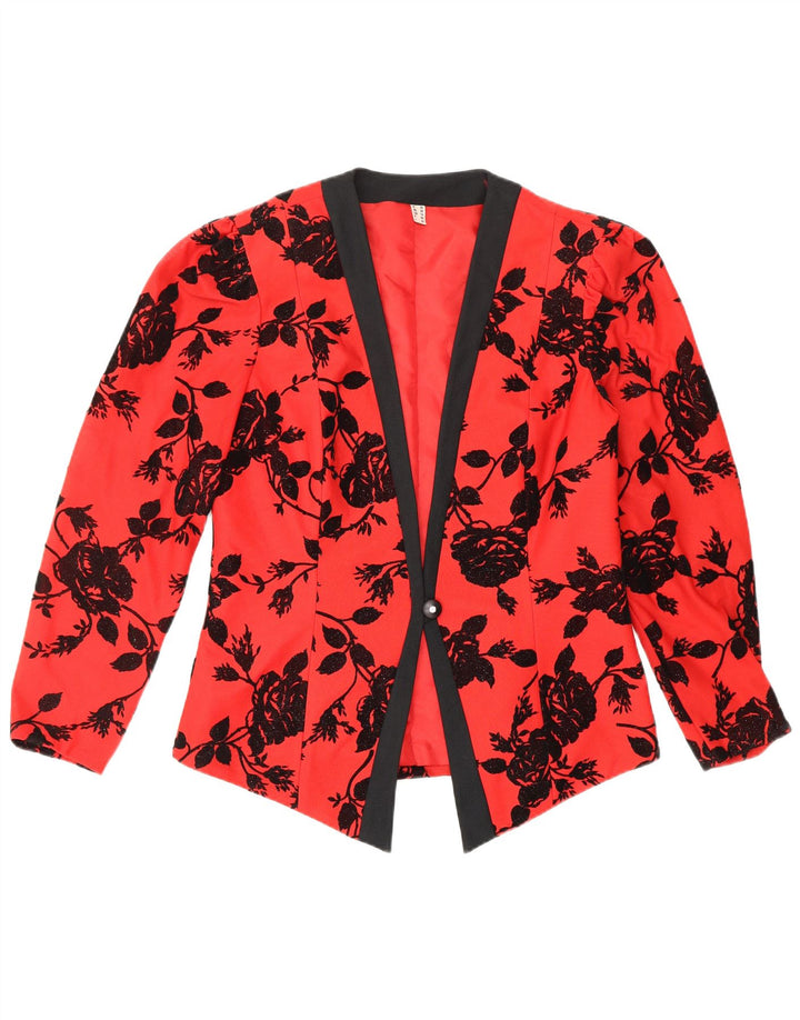 Jaqueta blazer feminina VINTAGE com 1 botão Reino Unido 12 poliéster floral vermelho médio