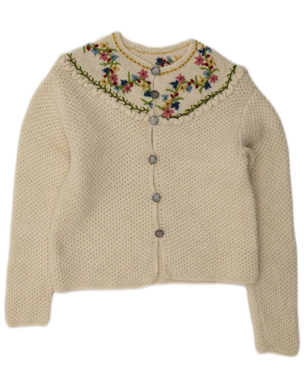 Suéter cardigã feminino vintage Reino Unido 8 pequeno floral branco
