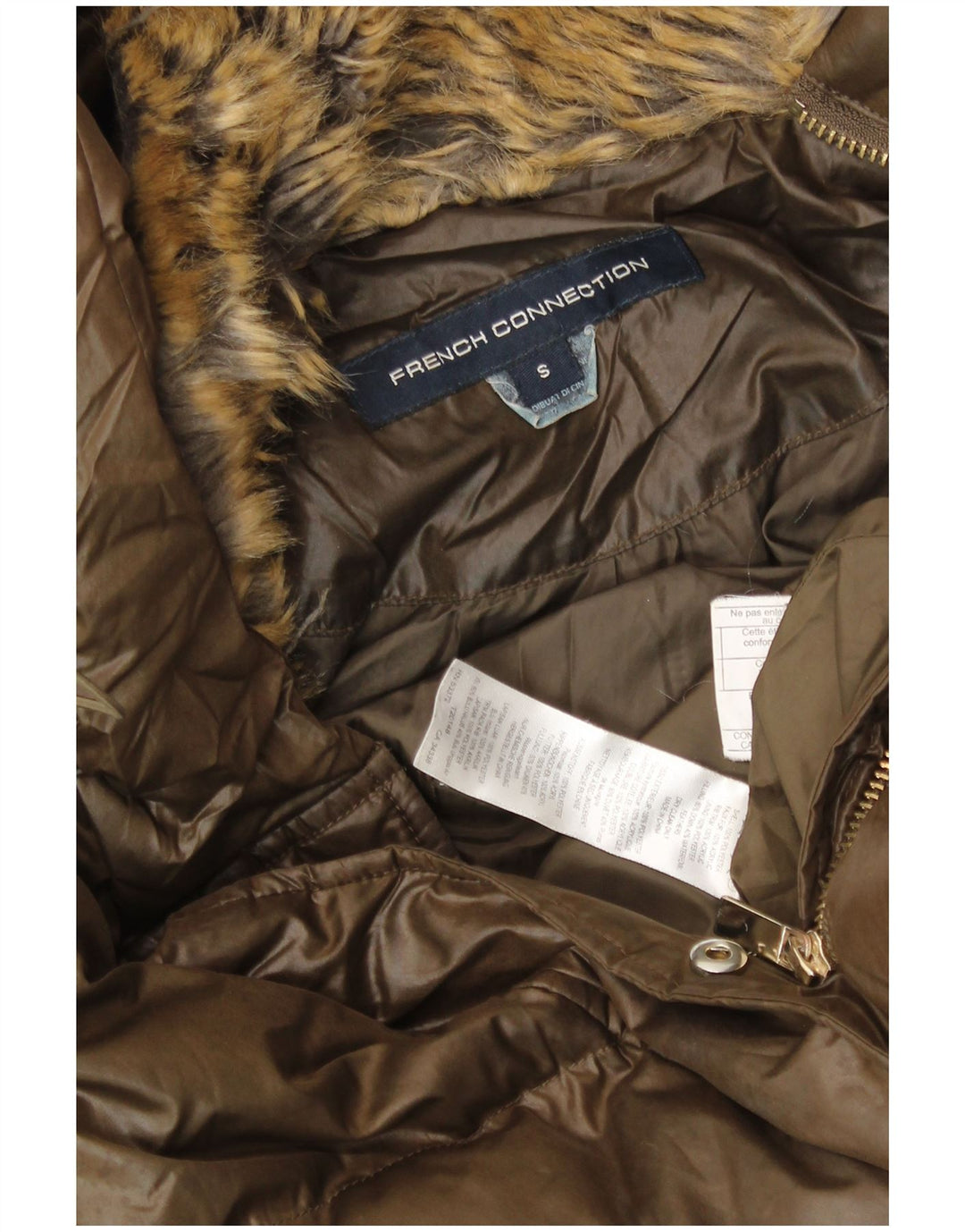 Casaco acolchoado com capuz feminino FRENCH CONNECTION UK 10 pequeno poliéster marrom