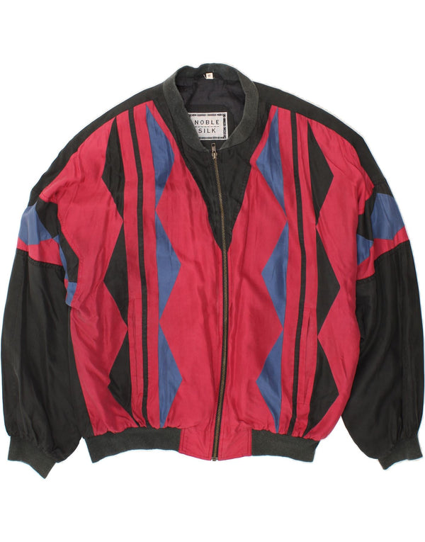 Jaqueta bomber masculina VINTAGE solta ajuste Reino Unido 38 seda geométrica preta média