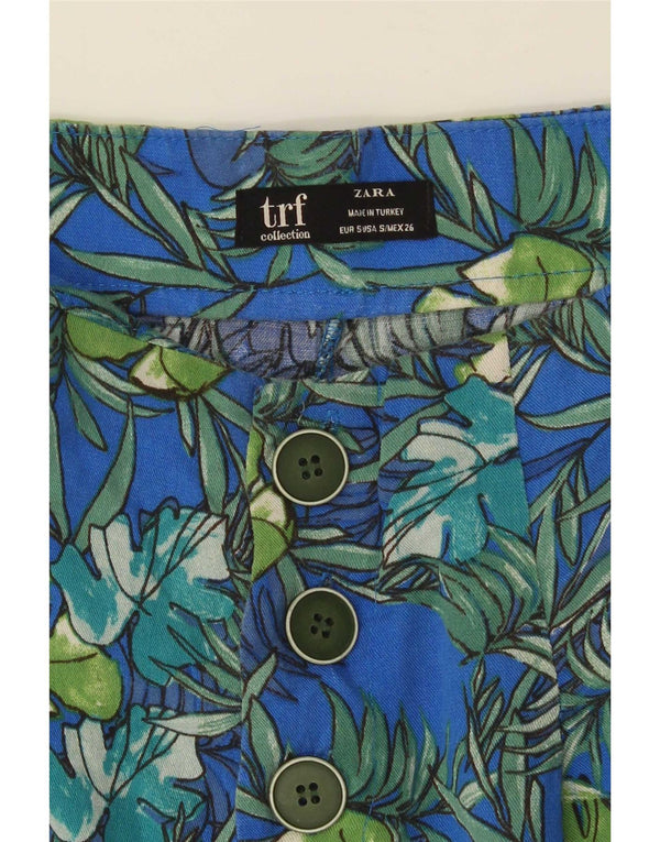 Zara Shorts feminino Trafaluc cintura alta Chino pequeno W26 azul floral