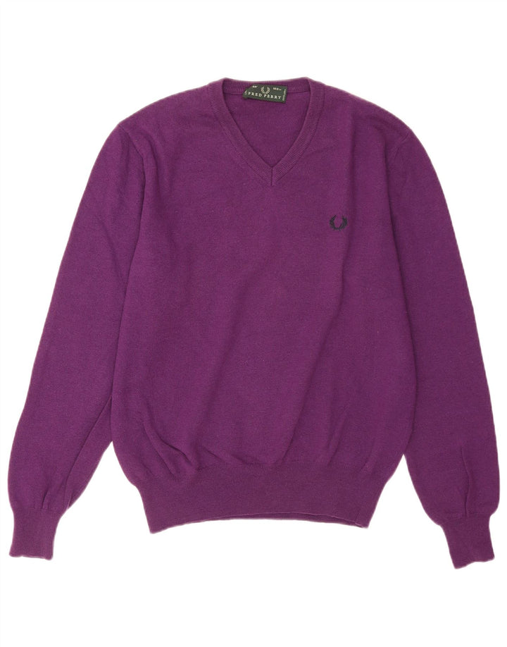 Suéter masculino Fred Perry com decote em V de lã roxa média