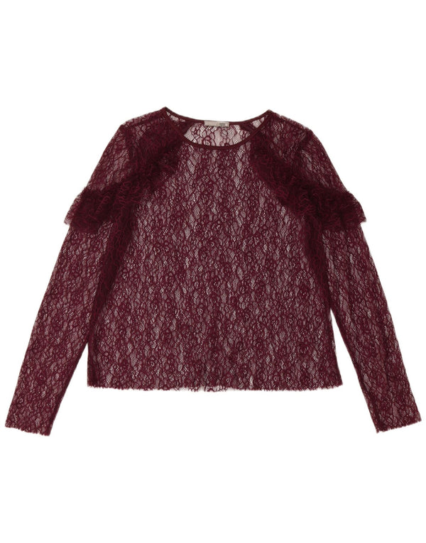 Top feminino Zara de manga comprida transparente Reino Unido 12 médio Borgonha floral