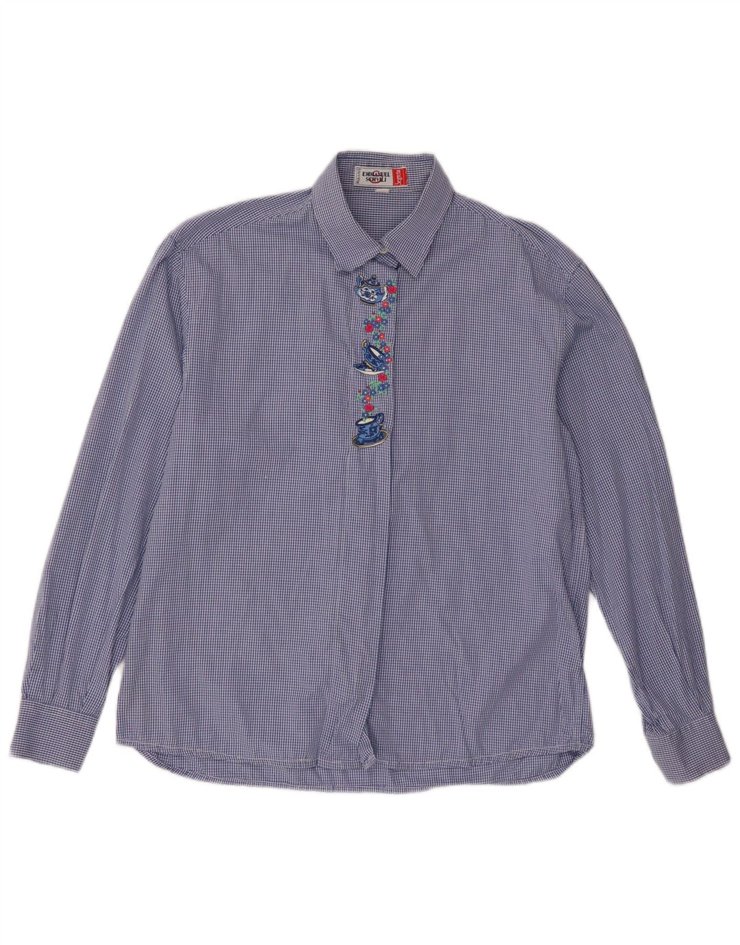 Camisa regular feminina de manga comprida Emmanuel Schvili Reino Unido 18 XL azul guingão