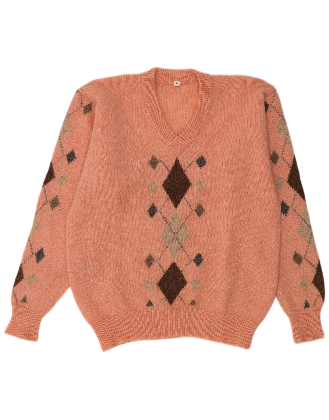 Suéter masculino vintage com decote em V grande laranja Argyle/Diamante