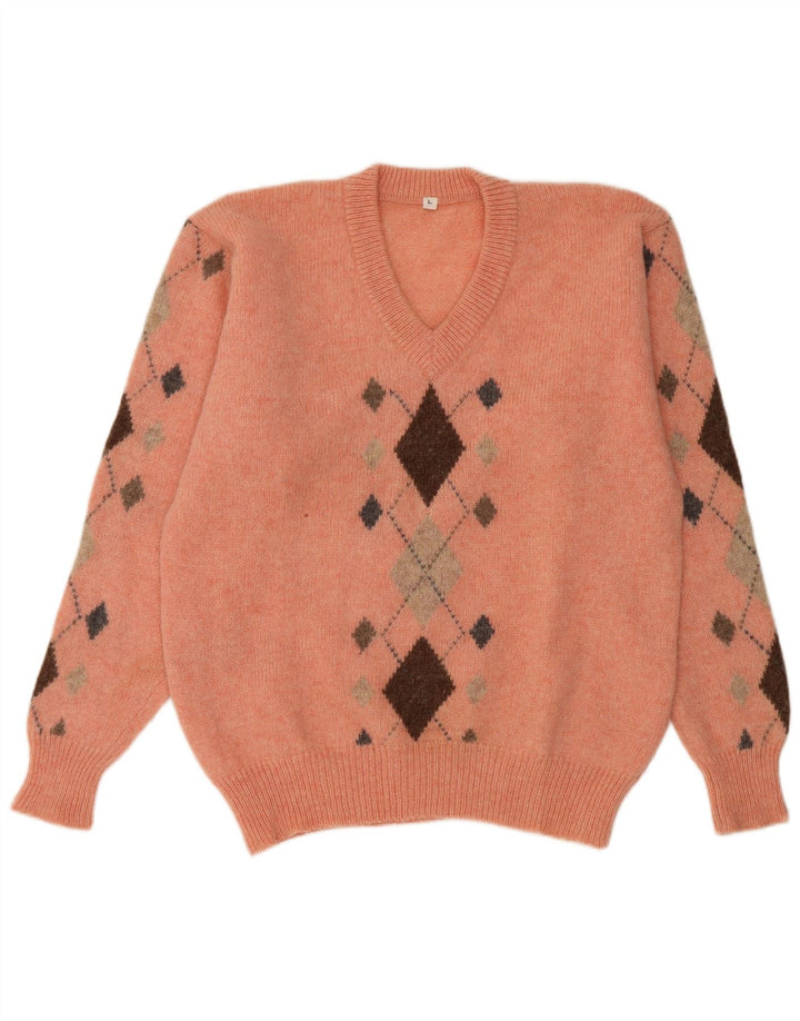 Suéter masculino vintage com decote em V grande laranja Argyle/Diamante