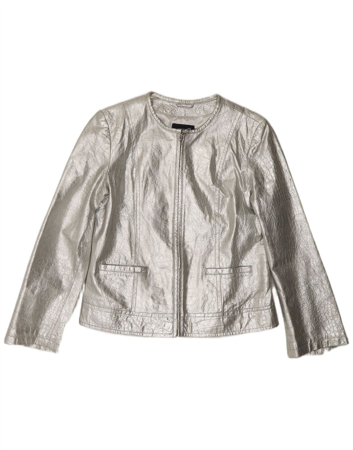 Jaqueta de couro feminina CORTEFIEL UK 12 couro prateado médio