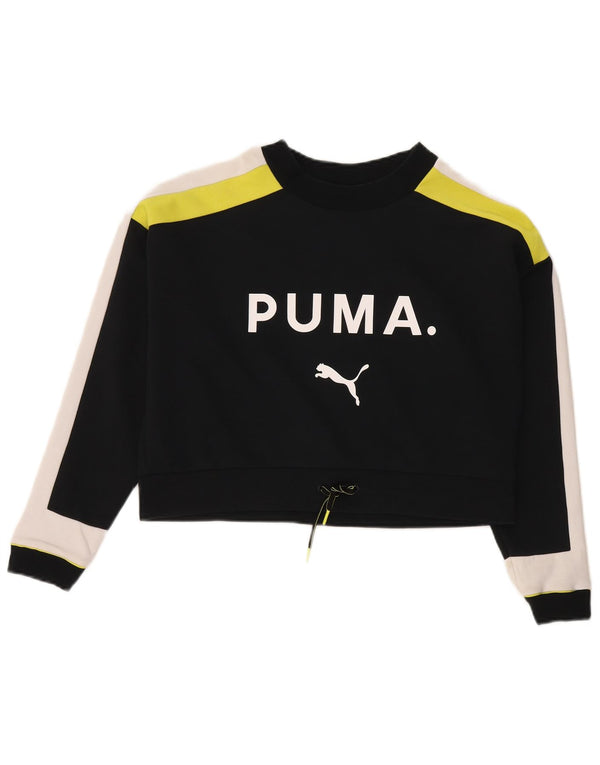 Puma feminino oversized gráfico moletom jumper UK 6 XS preto colorblock