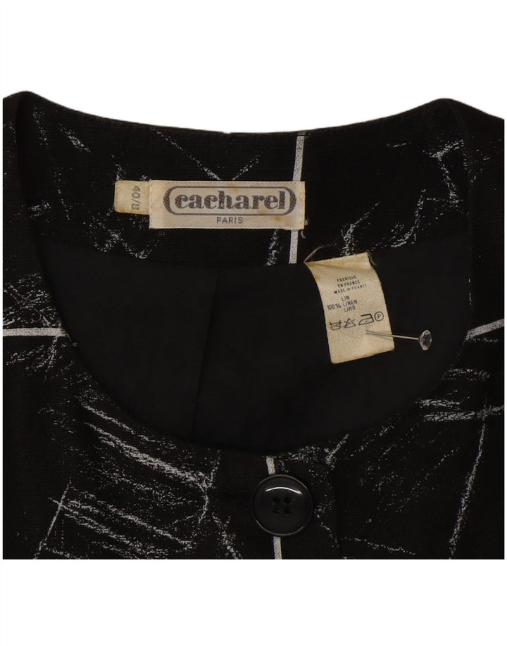 Blazer feminino Cacharel com padrão abstrato UK 8 pequeno xadrez preto