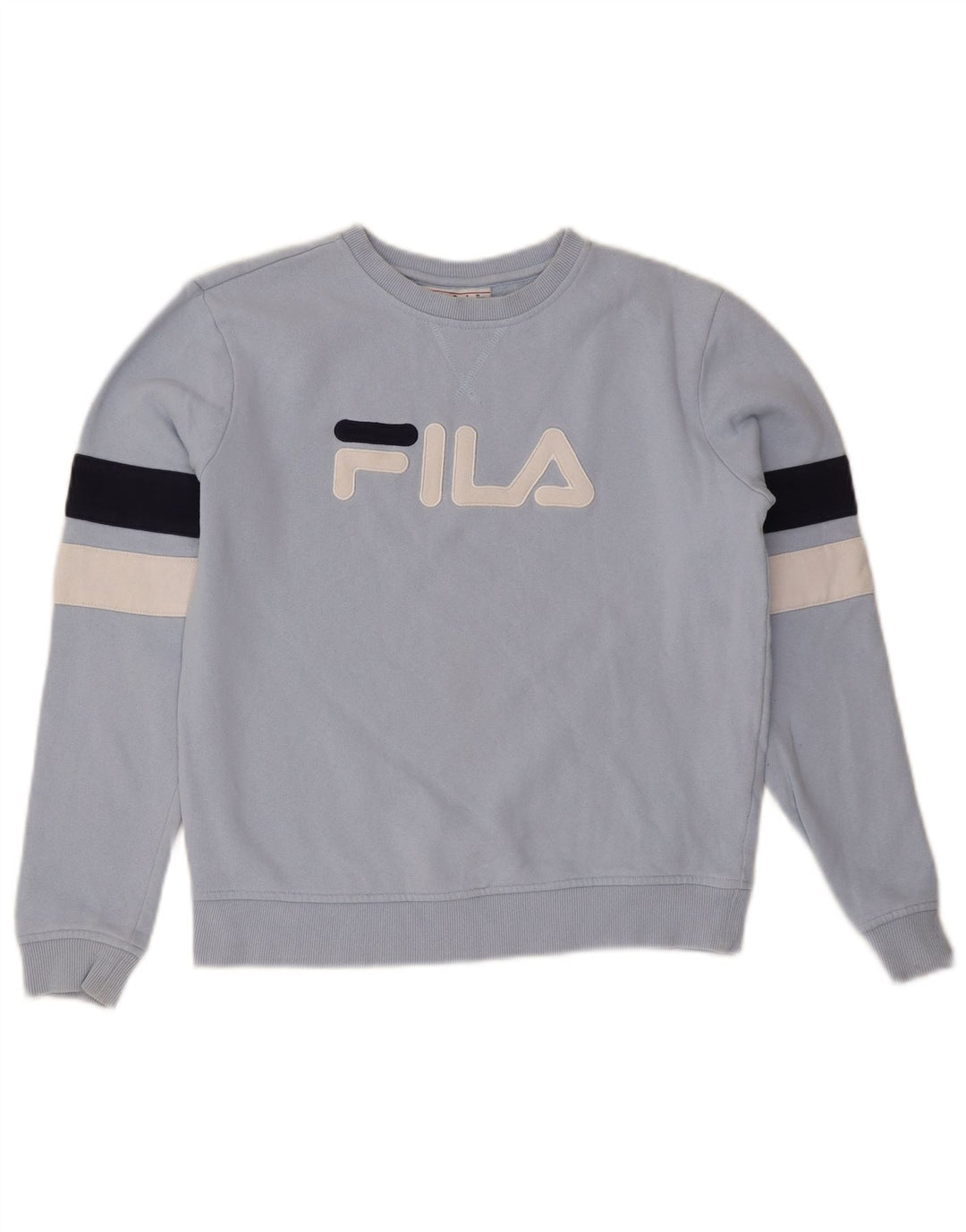 FILA Suéter feminino oversized UK 10 pequeno bloco colorido azul