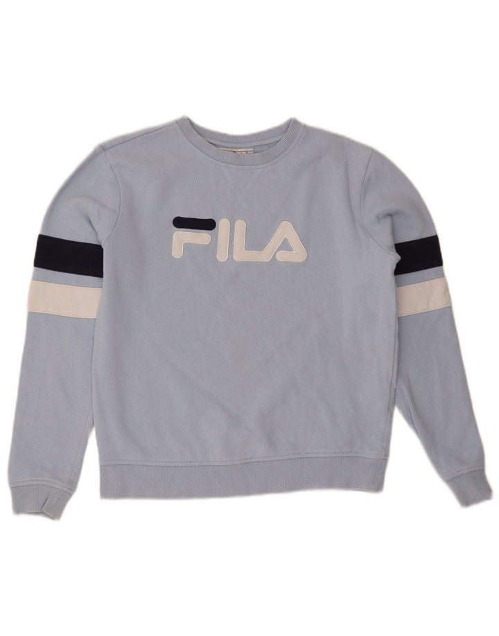 FILA Suéter feminino oversized UK 10 pequeno bloco colorido azul
