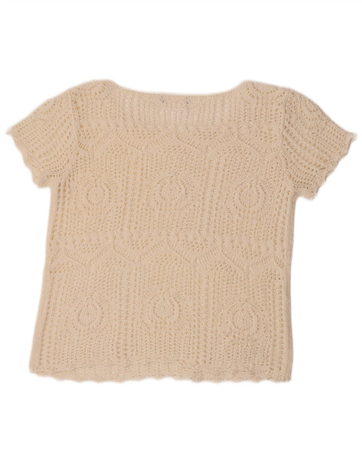 Blusa feminina vintage de crochê crop top UK 12 médio off white
