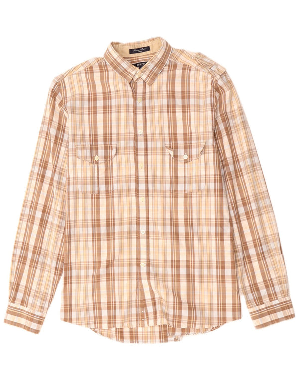 GANT Camisa militar masculina justa grande algodão xadrez bege