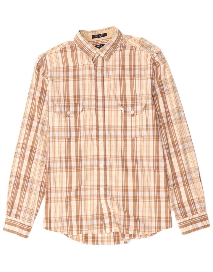 GANT Camisa militar masculina justa grande algodão xadrez bege