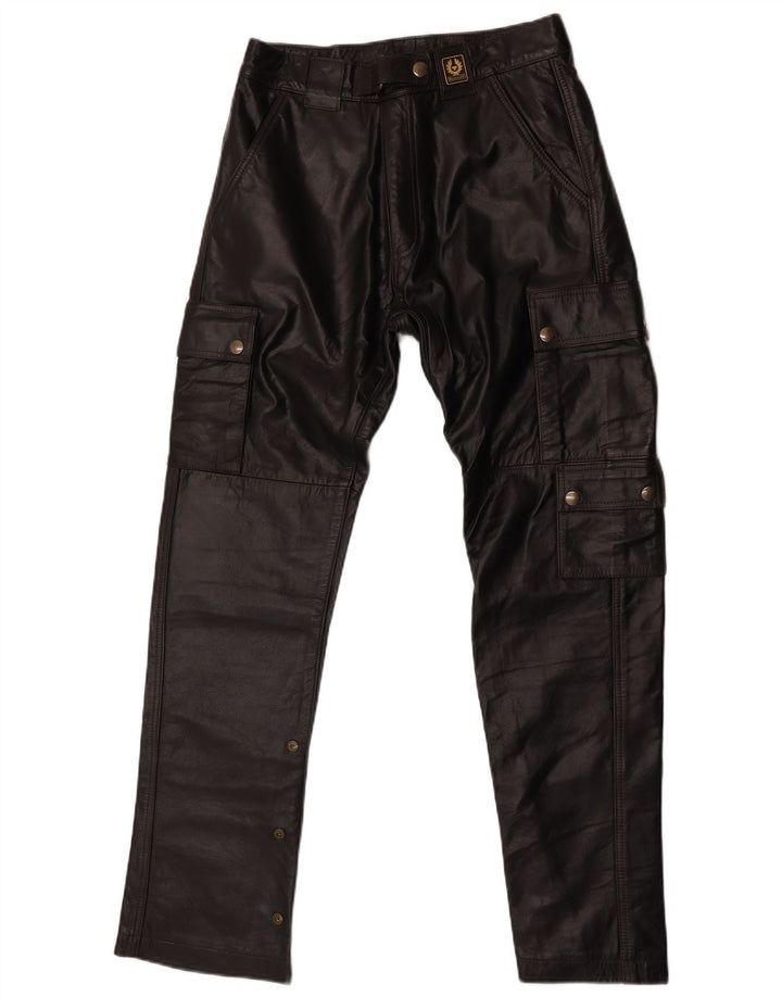 Calça cargo masculina de couro Belstaff pequena W30 L29 motociclista de couro preto