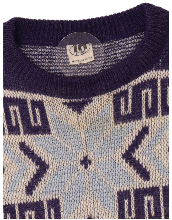 Suéter vintage masculino com gola redonda, médio azul marinho geométrico