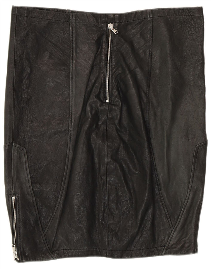 Saia feminina de couro VINTAGE Reino Unido 12 médio W30 couro preto patchwork