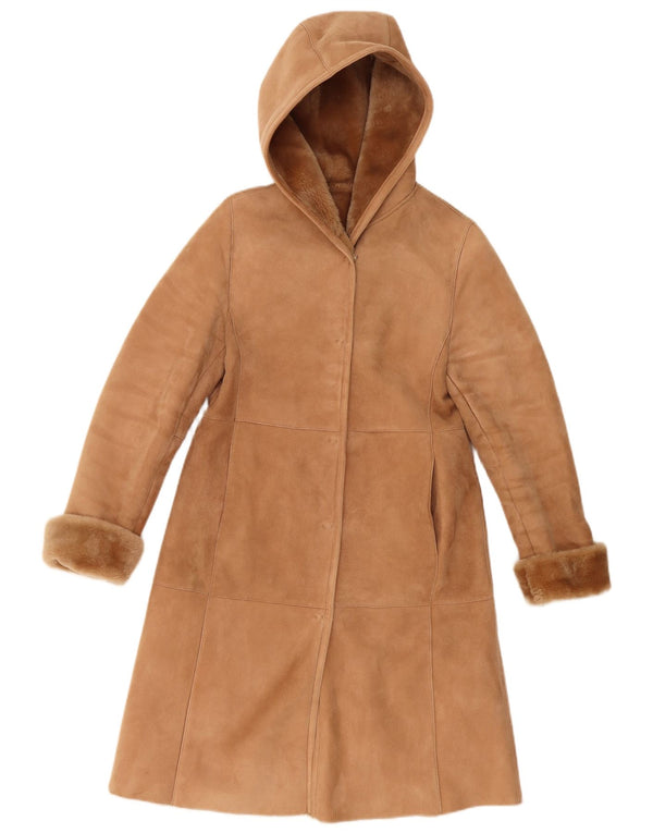 Vintage Womens Hooded Shearling Coat UK 10 Small Beige