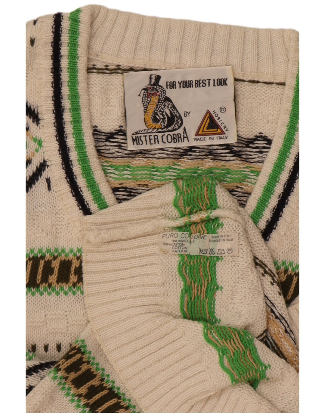 Suéter masculino vintage com decote em V, algodão geométrico branco médio