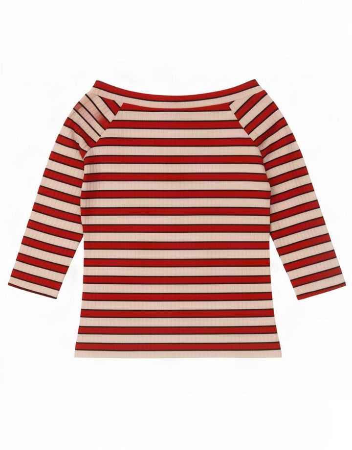 Top feminino Marks & Spencer com ombro de fora manga 3/4 Reino Unido 12 listrado vermelho médio