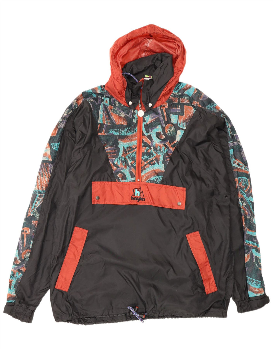 Jaqueta de chuva vintage masculina com capuz Anorak UK 38 médio preto geométrico