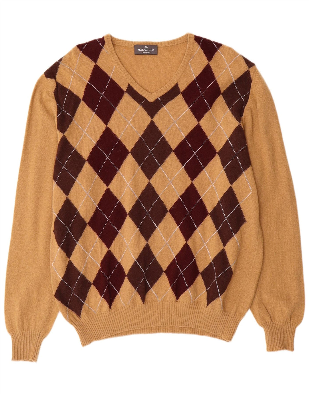 Suéter masculino Malagrida com decote em V XL bege argyle/lã diamante