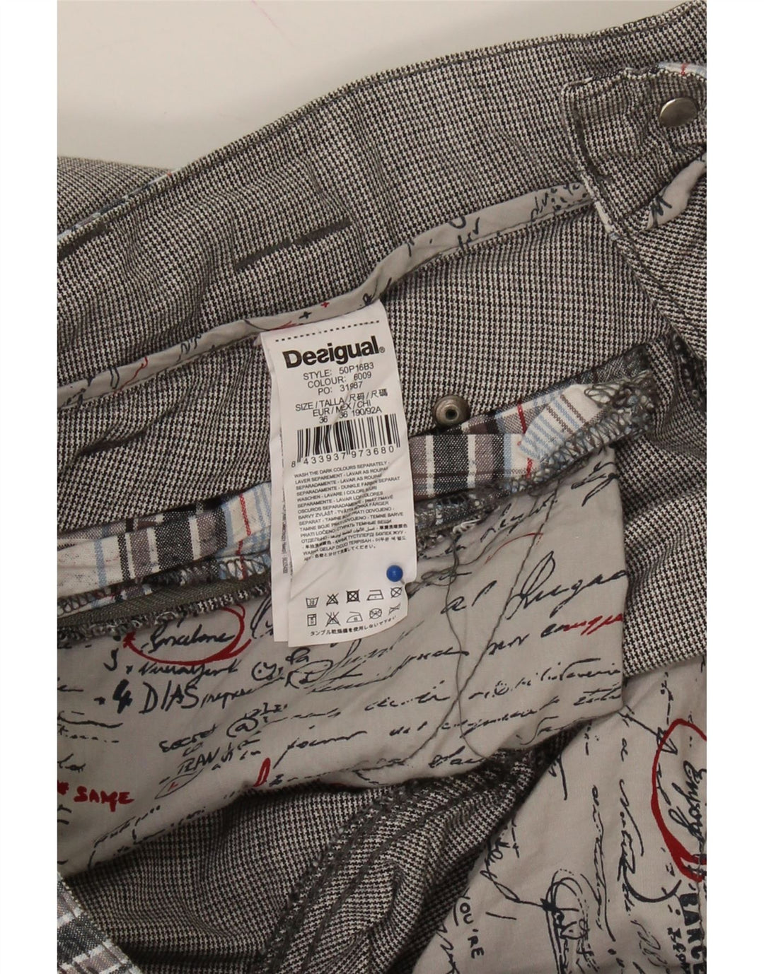DESIGUAL Mens Slim Casual Trousers W36 L33 Grey Houndstooth Cotton Vintage Desigual and Second-Hand Desigual from Messina Hembry 