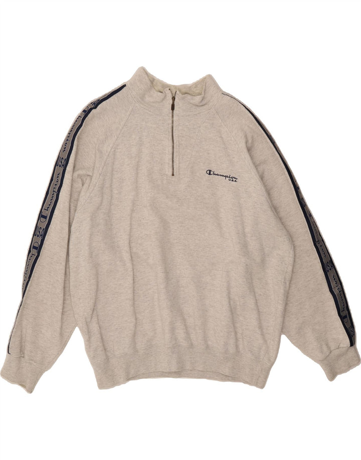 CHAMPION Mens Graphic Zip Neck Sweatshirt Jumper XL Grey Flecked Cotton Vintage Champion and Second-Hand Champion from Messina Hembry 