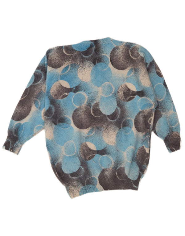 Suéter feminino vintage com gola redonda Reino Unido 14 grande azul geométrico