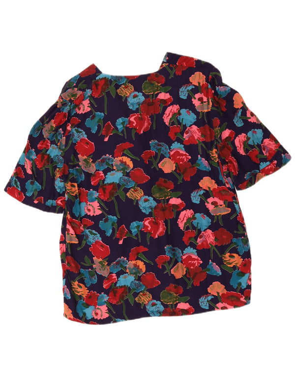 Blusa feminina vintage de manga curta UK 16 grande azul marinho floral