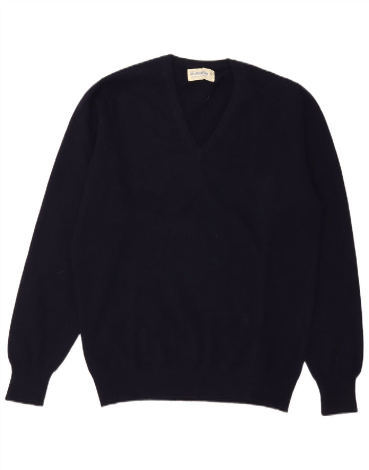 Suéter masculino com bandeira escocesa, gola em V, médio, azul marinho, lã nova
