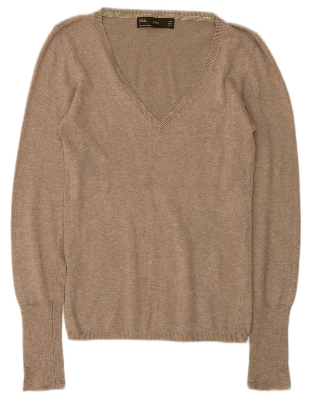 Suéter feminino Zara com decote em V Reino Unido 12 médio bege rayon