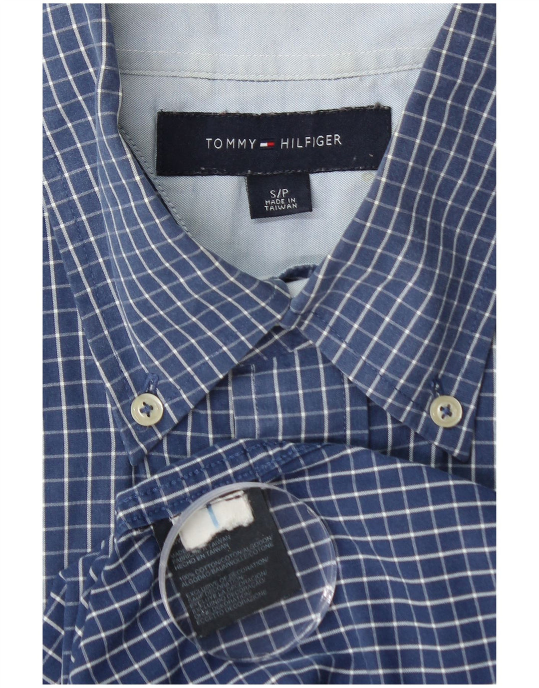 TOMMY HILFIGER Camisa masculina de manga curta pequena azul xadrez de algodão