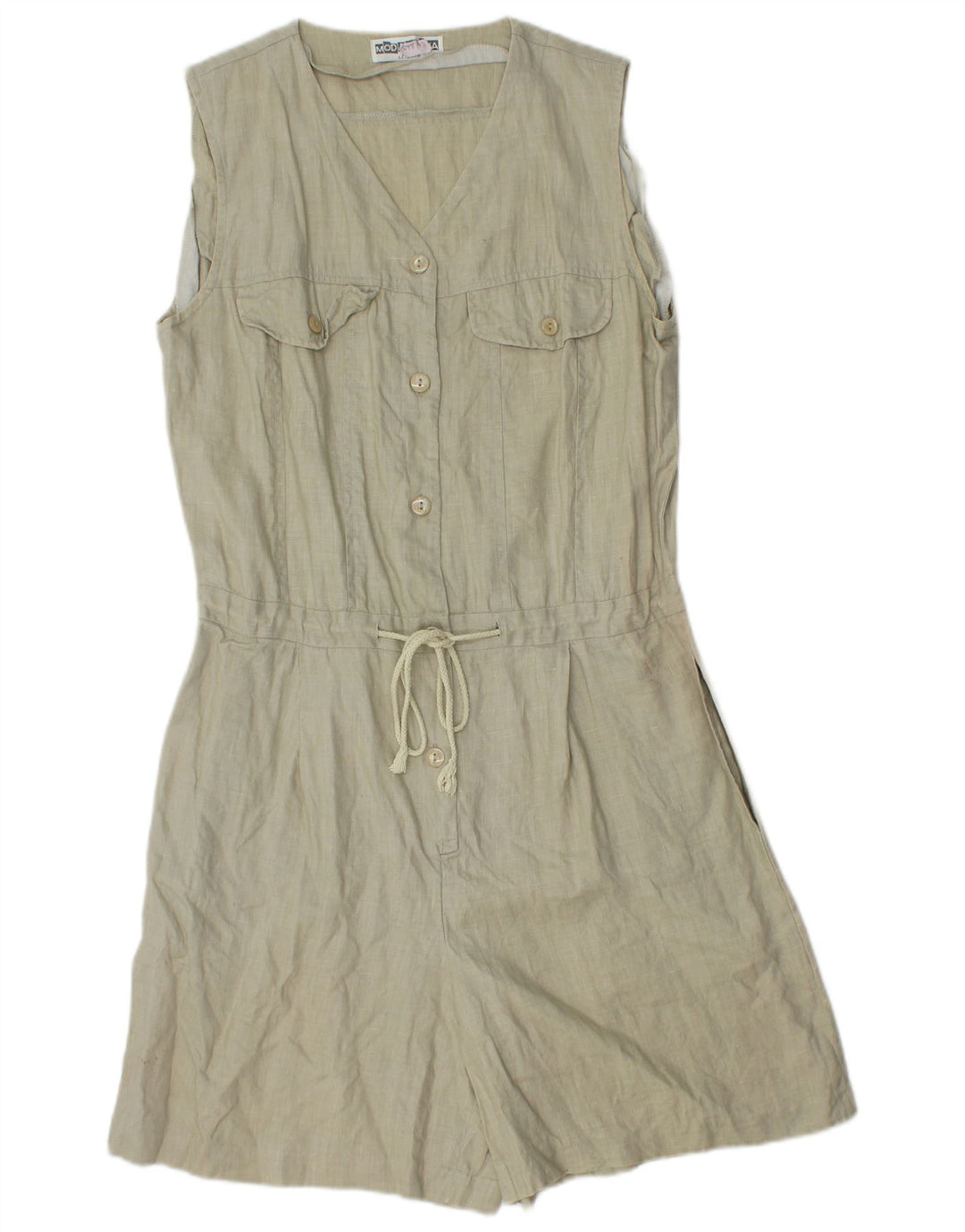 Macacão feminino vintage sem mangas UK 12 linho cáqui médio