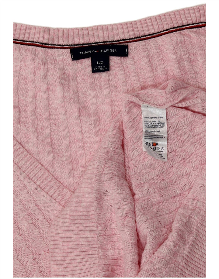 Suéter feminino Tommy Hilfiger com decote em V Reino Unido 16 grande algodão rosa