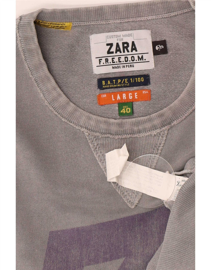 Zara moletom gráfico masculino jumper grande algodão cinza