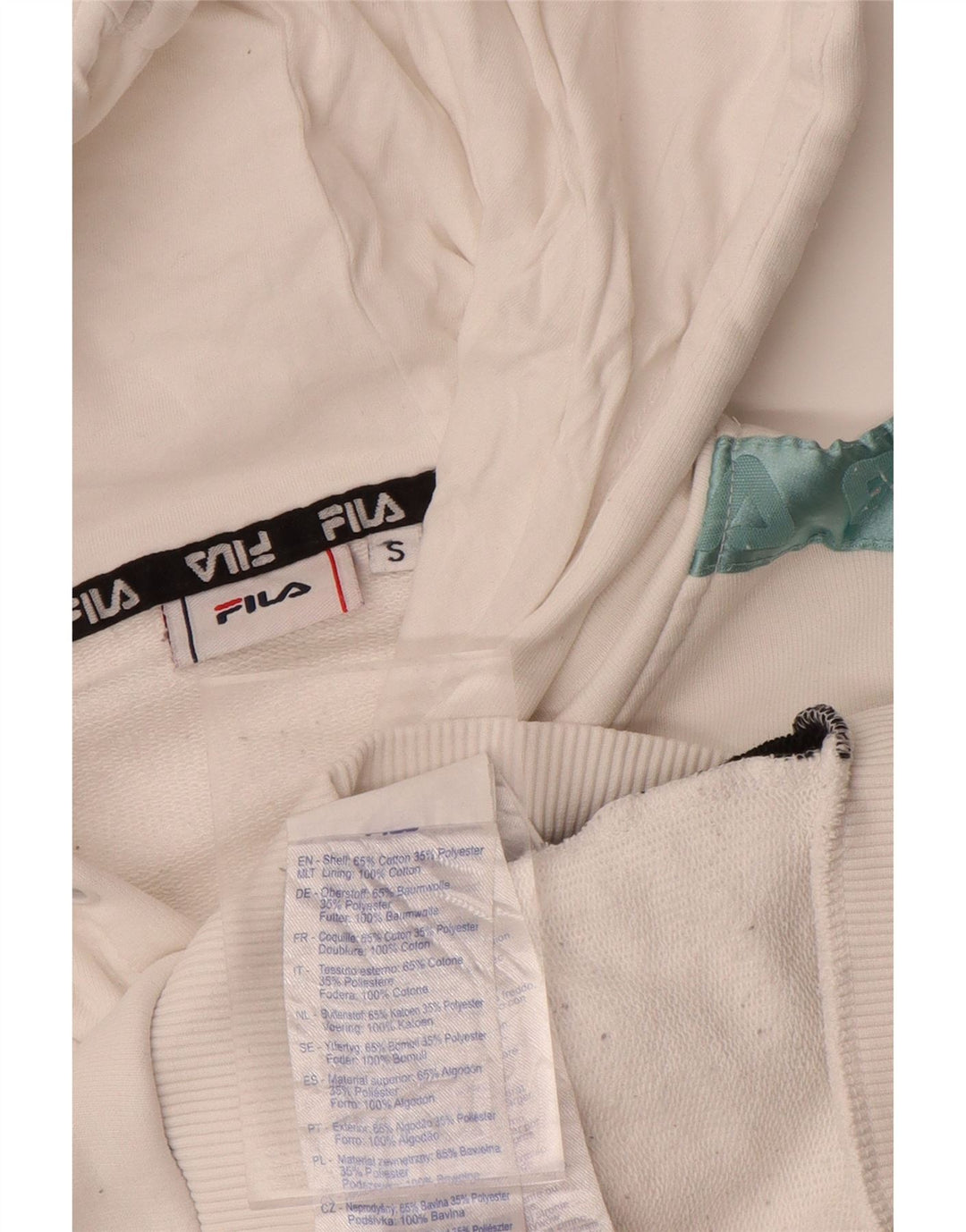 FILA Mens Graphic Hoodie Jumper Small White Colourblock Cotton Vintage Fila and Second-Hand Fila from Messina Hembry 