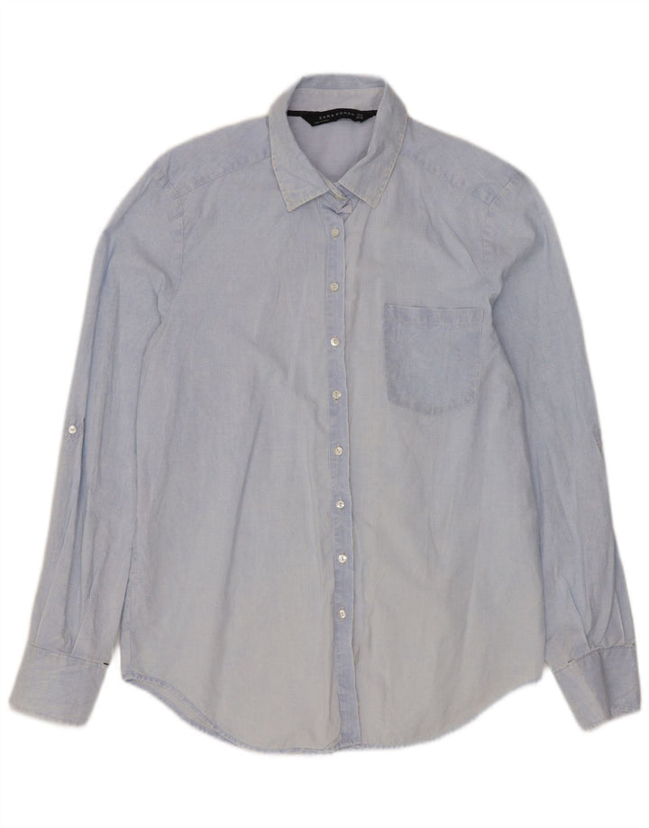 Camisa feminina ZARA UK 14 algodão listrado azul médio