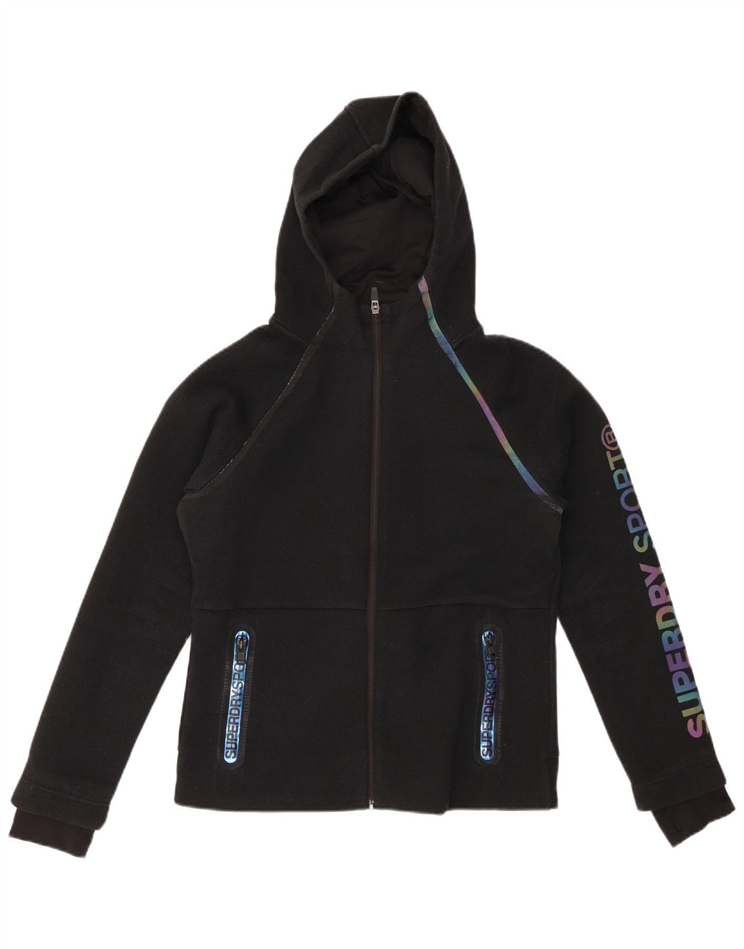 Suéter feminino SUPERDRY com capuz e zíper gráfico Reino Unido 12 poliéster preto médio