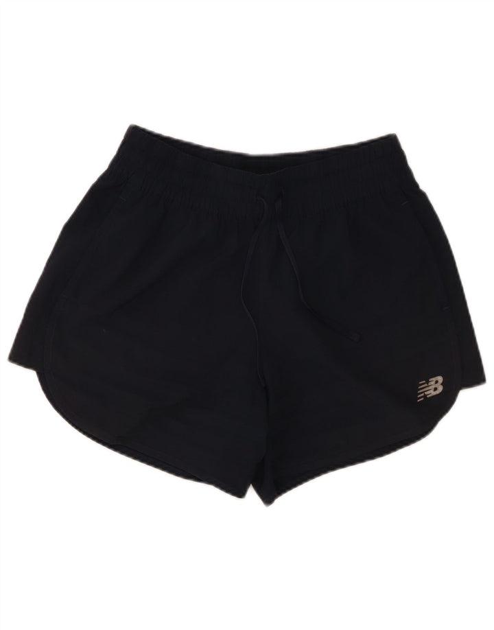 Shorts esportivos femininos New Balance UK 10 poliéster azul marinho pequeno