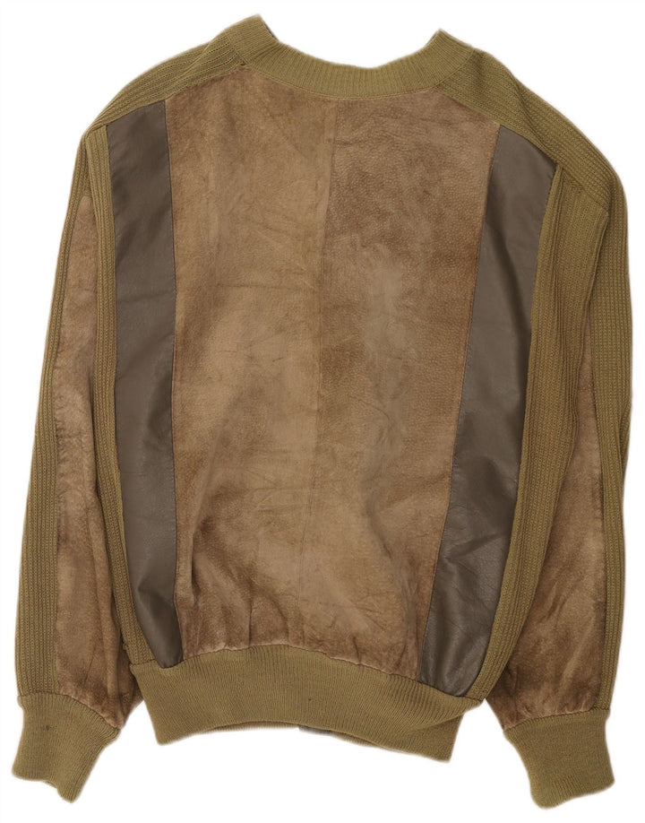 Jaqueta bomber masculina vintage de camurça Reino Unido 38 couro colorblock cáqui médio