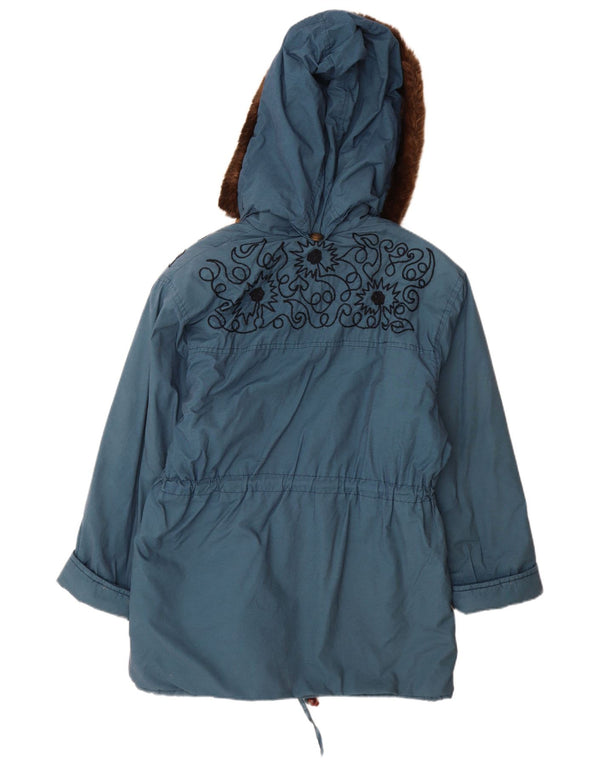 Casaco corta-vento feminino vintage com capuz grande UK 10 pequeno azul floral