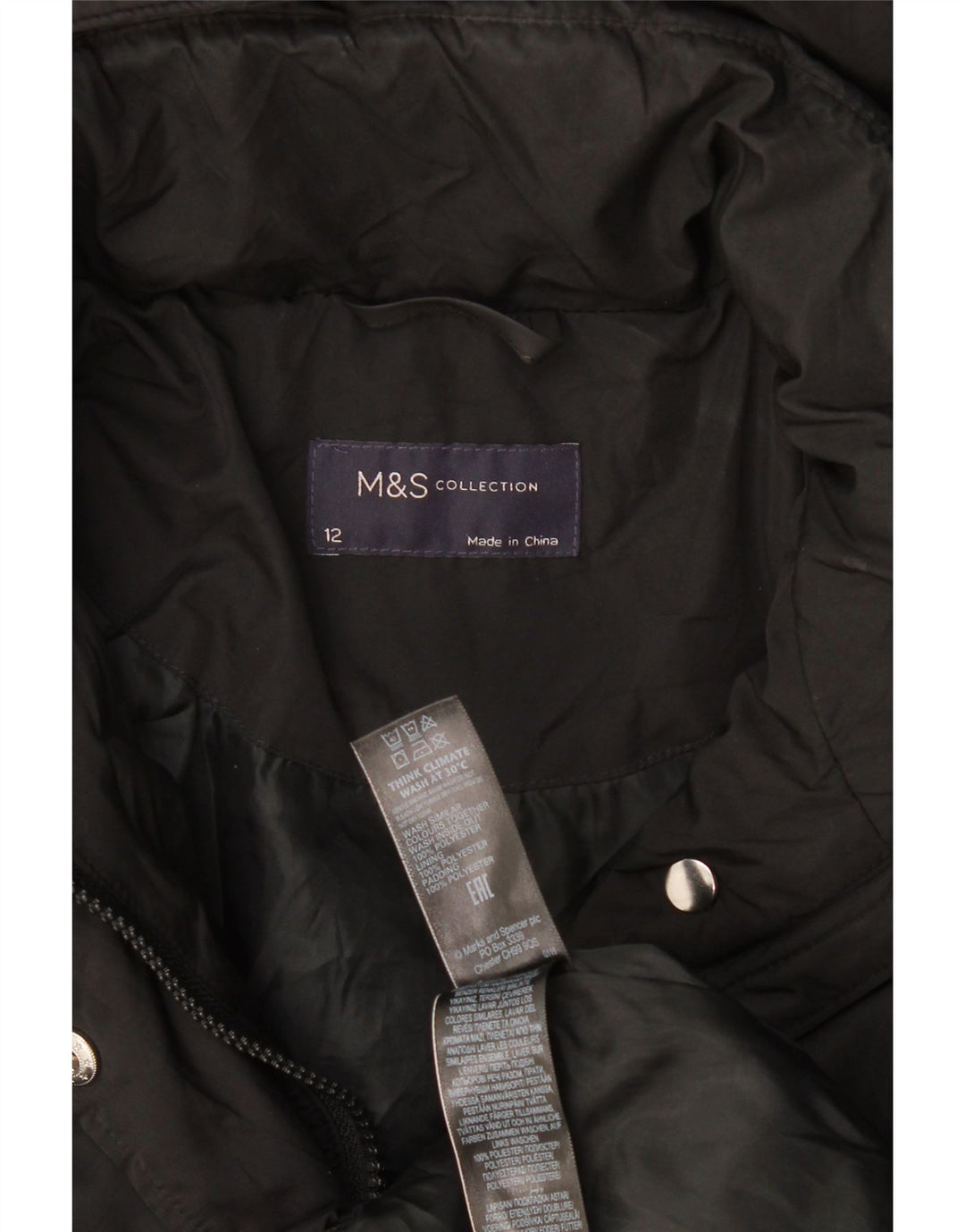 Jaqueta feminina acolchoada com capuz Marks & Spencer Reino Unido 12 poliéster preto médio